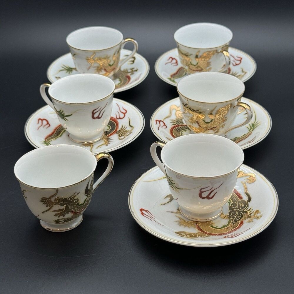 Vintage Victoria China Dragon Demitasse Set 5 Cups Saucers Gold Hand Painted